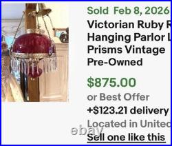 Victorian Hanging Parlor Lamp Crystal Prisms Vintage NO SHADE! (Ruby Red Glass)