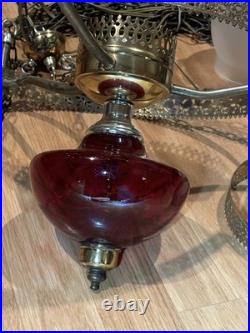 Victorian Hanging Parlor Lamp Crystal Prisms Vintage NO SHADE! (Ruby Red Glass)