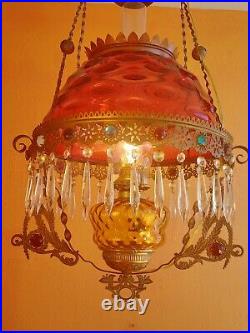 Victorian Jeweled Hanging converted Oil Parlor Lamp cranberry Bullseye shade