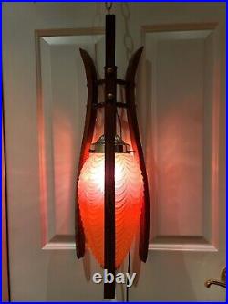 Vintage 1950's Mid Century Hanging Teak Ceiling Lamp with Amber Pineapple Shade