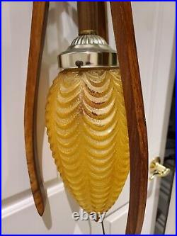 Vintage 1950's Mid Century Hanging Teak Ceiling Lamp with Amber Pineapple Shade