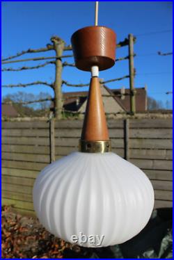 Vintage 1950 teak opaline MAssive lighting company pendant lamp chandelier