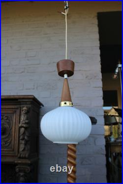 Vintage 1950 teak opaline MAssive lighting company pendant lamp chandelier