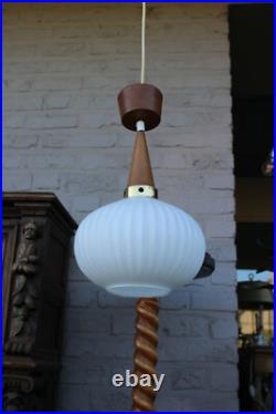 Vintage 1950 teak opaline MAssive lighting company pendant lamp chandelier