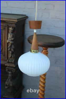 Vintage 1950 teak opaline MAssive lighting company pendant lamp chandelier