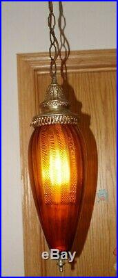 Vintage 1950s 60s Era MCM Electric Hanging Swag Lamp With Amber Glass Shade