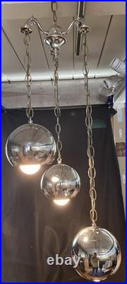 Vintage 1950s 60s Mid Century Modern Chrome 3 Tier Atomic Orb Swag Light Lamp