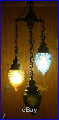 Vintage 1950s 60s Mid Century Modern Hanging Electric Swag Lamp Glass Shades
