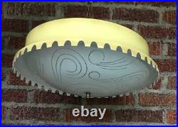 Vintage 1950s Mid Century Modern Yellow Avocado Metal Saucer Hanging Lamp 3bulb