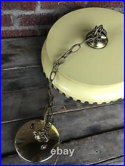 Vintage 1950s Mid Century Modern Yellow Avocado Metal Saucer Hanging Lamp 3bulb