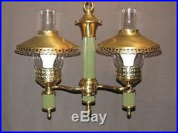 Vintage 1951 Pendant Hanging Swag Brass Glass Lamp Light Fixture RESTORED Green
