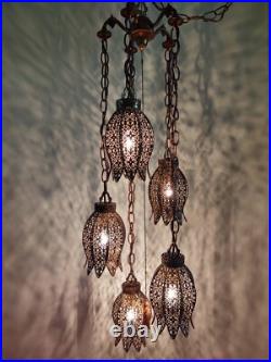 Vintage 1960's Filigree 5 Tier Tulip Swag Pendant Light Hollywood Regency MCM