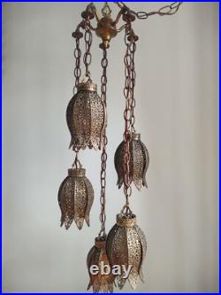 Vintage 1960's Filigree 5 Tier Tulip Swag Pendant Light Hollywood Regency MCM
