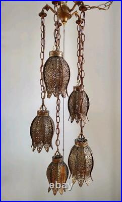 Vintage 1960's Filigree 5 Tier Tulip Swag Pendant Light Hollywood Regency MCM