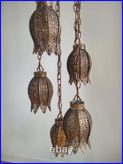 Vintage 1960's Filigree 5 Tier Tulip Swag Pendant Light Hollywood Regency MCM