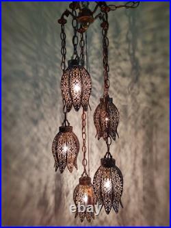 Vintage 1960's Filigree 5 Tier Tulip Swag Pendant Light Hollywood Regency MCM
