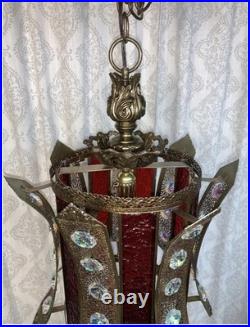 Vintage 1960's Hanging Hollywood Regency Swag Light Lamp Iridescent Crystals