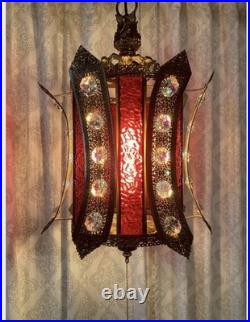 Vintage 1960's Hanging Hollywood Regency Swag Light Lamp Iridescent Crystals