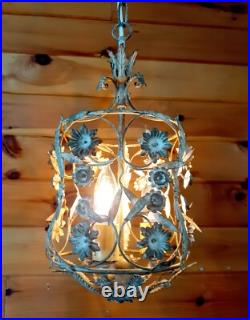 Vintage 1960's Italian Cage Style Toleware Tole Floral Hanging Light Fixture