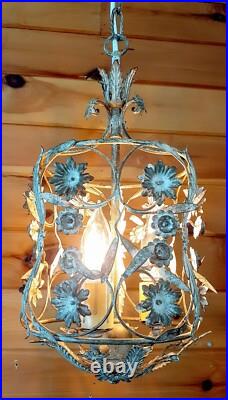 Vintage 1960's Italian Cage Style Toleware Tole Floral Hanging Light Fixture