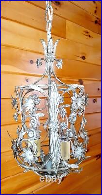 Vintage 1960's Italian Cage Style Toleware Tole Floral Hanging Light Fixture