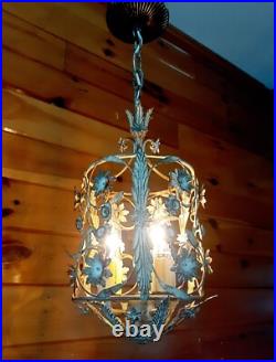 Vintage 1960's Italian Cage Style Toleware Tole Floral Hanging Light Fixture