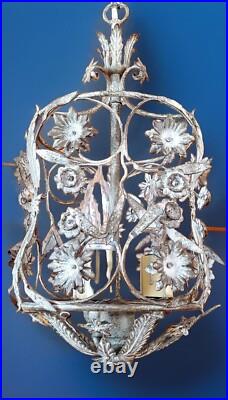 Vintage 1960's Italian Cage Style Toleware Tole Floral Hanging Light Fixture