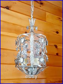 Vintage 1960's Italian Cage Style Toleware Tole Floral Hanging Light Fixture