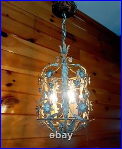 Vintage 1960's Italian Cage Style Toleware Tole Floral Hanging Light Fixture