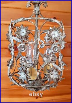 Vintage 1960's Italian Cage Style Toleware Tole Floral Hanging Light Fixture