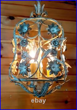 Vintage 1960's Italian Cage Style Toleware Tole Floral Hanging Light Fixture
