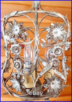 Vintage 1960's Italian Cage Style Toleware Tole Floral Hanging Light Fixture