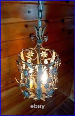 Vintage 1960's Italian Cage Style Toleware Tole Floral Hanging Light Fixture