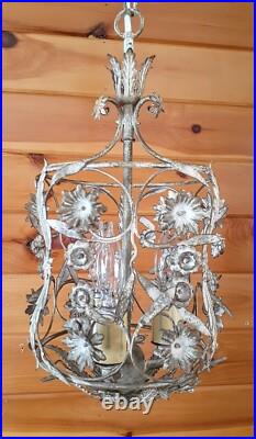 Vintage 1960's Italian Cage Style Toleware Tole Floral Hanging Light Fixture