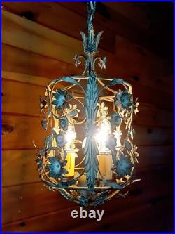 Vintage 1960's Italian Cage Style Toleware Tole Floral Hanging Light Fixture