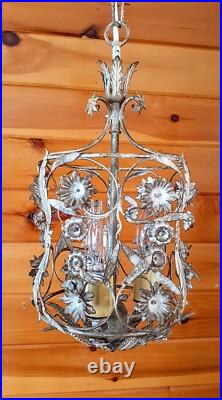 Vintage 1960's Italian Cage Style Toleware Tole Floral Hanging Light Fixture