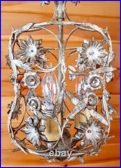 Vintage 1960's Italian Cage Style Toleware Tole Floral Hanging Light Fixture