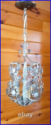 Vintage 1960's Italian Cage Style Toleware Tole Floral Hanging Light Fixture