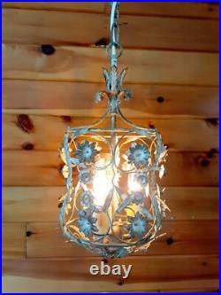 Vintage 1960's Italian Cage Style Toleware Tole Floral Hanging Light Fixture