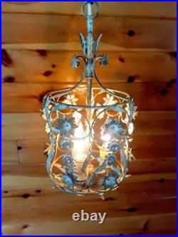 Vintage 1960's Italian Cage Style Toleware Tole Floral Hanging Light Fixture