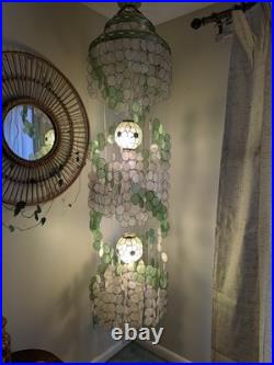 Vintage 1960s-1970s Capiz Shell Chandelier Hanging Lamp 6ft