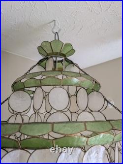 Vintage 1960s-1970s Capiz Shell Chandelier Hanging Lamp 6ft