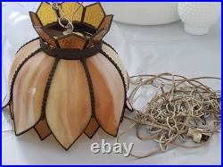Vintage 1960s Amber Slag Glass Tulip Pendant Light with Chain