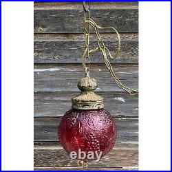 Vintage 1960s Globe Swag Lamp Red Flash Painted Grape Motifs Working