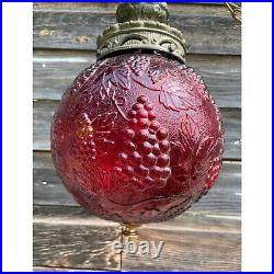 Vintage 1960s Globe Swag Lamp Red Flash Painted Grape Motifs Working Vintage 1960s Globe Swag Lamp Red Flash Painted Grape Motifs Working