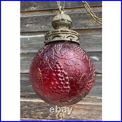 Vintage 1960s Globe Swag Lamp Red Flash Painted Grape Motifs Working