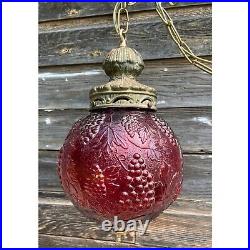Vintage 1960s Globe Swag Lamp Red Flash Painted Grape Motifs Working