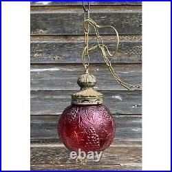 Vintage 1960s Globe Swag Lamp Red Flash Painted Grape Motifs Working