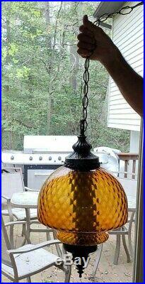 Vintage 1960s Large Amber Glass & Brass Hanging Swag Chain Lamp Light WORKS