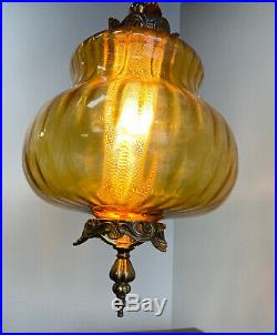 Vintage 1960s Large Amber Glass Hanging Swag Chain Lamp Light A&M Whitemetal